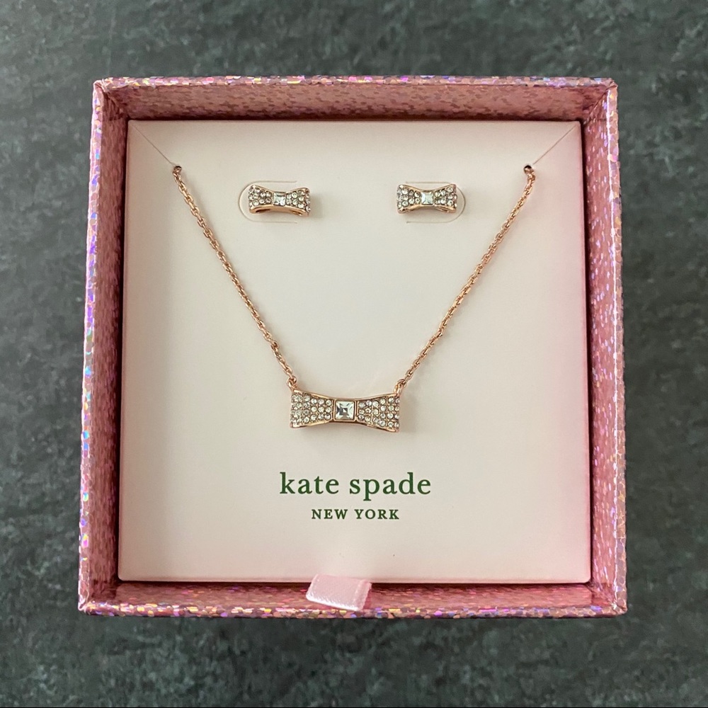 KATE SPADE NWT Rose Gold Bow Necklace & Studs Set
